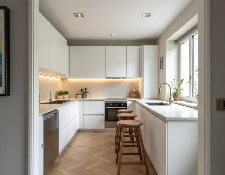 Cuisine moderne rénovée de 10m2 avec meubles blancs et plan de travail en quartz dans un appartement parisien