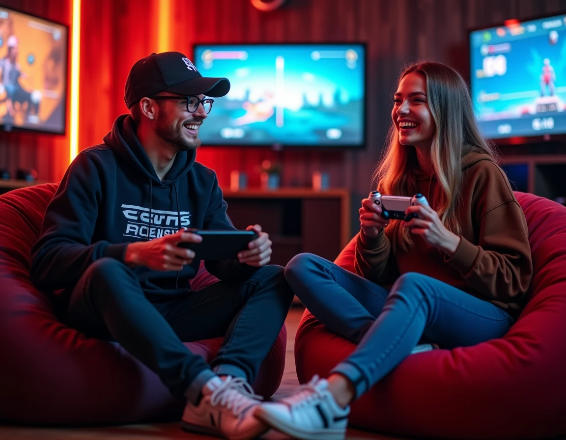 Deux amis geeks partageant un moment de jeu avec une console portable dans un salon gaming cosy aux accents néon