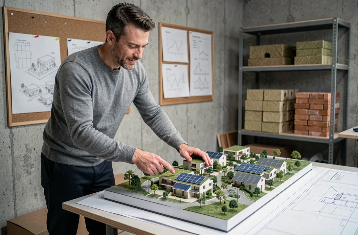 Architecte présentant une maquette d'éco-quartier dans un bureau d'études spécialisé en immobilier durable