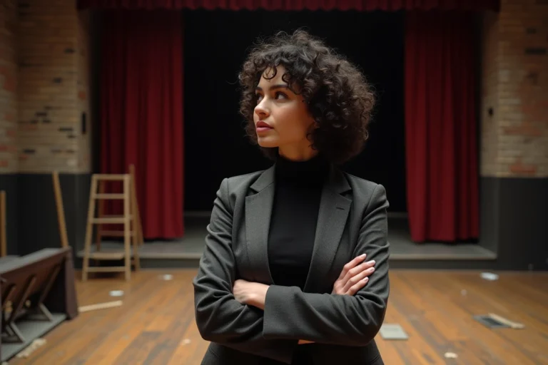 Comédienne engagée en coulisses d'un théâtre, regard déterminé vers la scène, atmosphère authentique