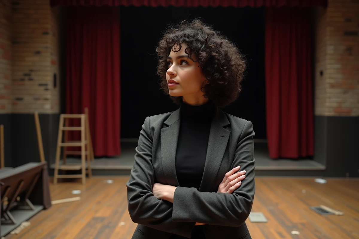 Comédienne engagée en coulisses d'un théâtre, regard déterminé vers la scène, atmosphère authentique