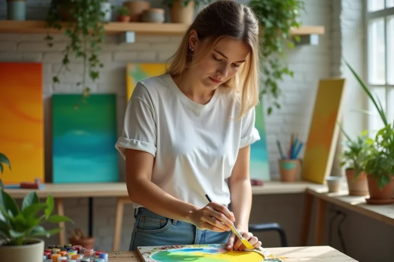 Jeune femme en studio créatif mélangeant peintures vives
