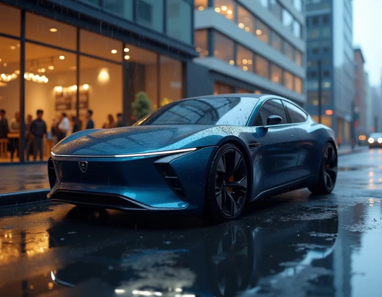 Berline électrique moderne 2024 garée devant un showroom urbain sous la pluie, design aérodynamique bleu métallisé
