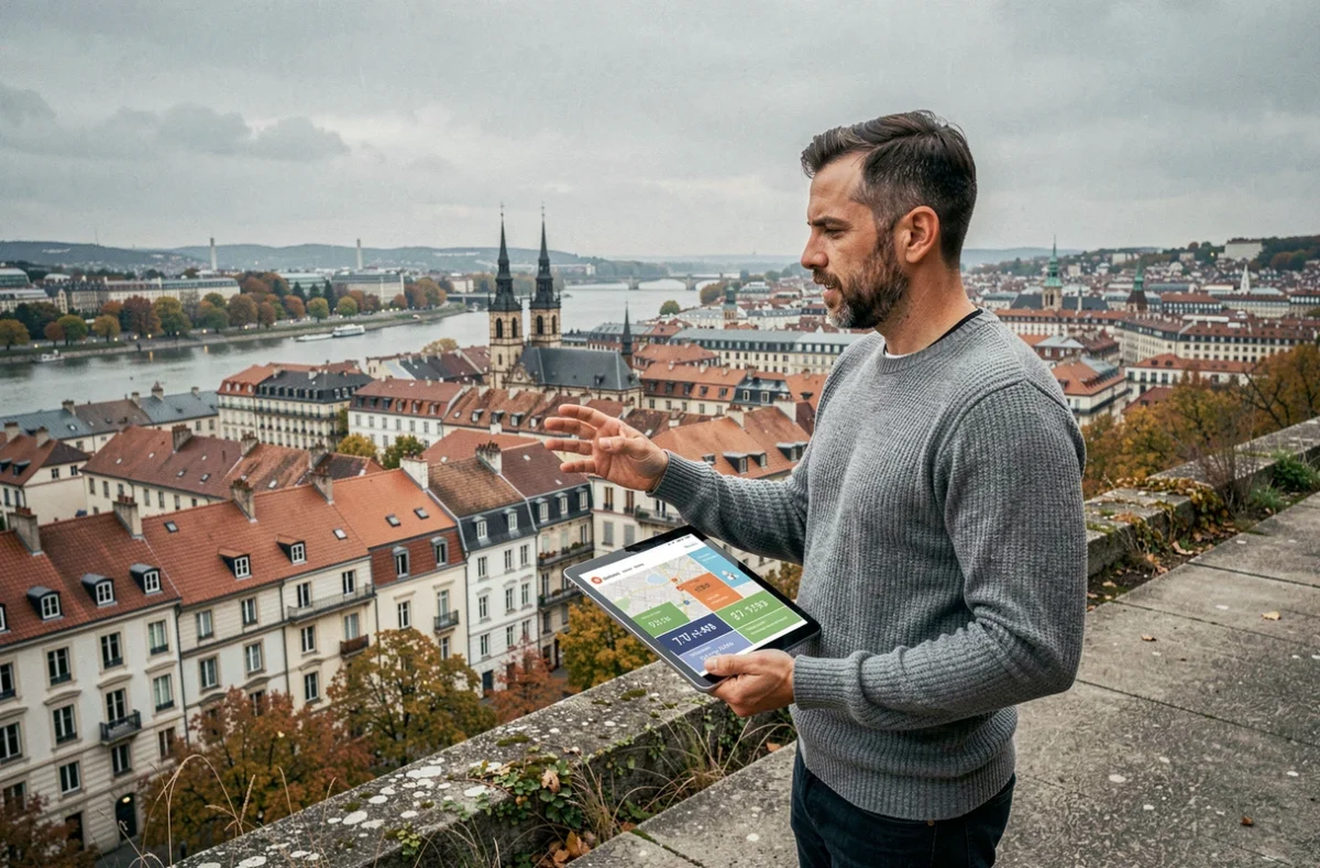 Agent immobilier présentant une carte des prix par quartier depuis la colline de la Croix-Rousse à Lyon