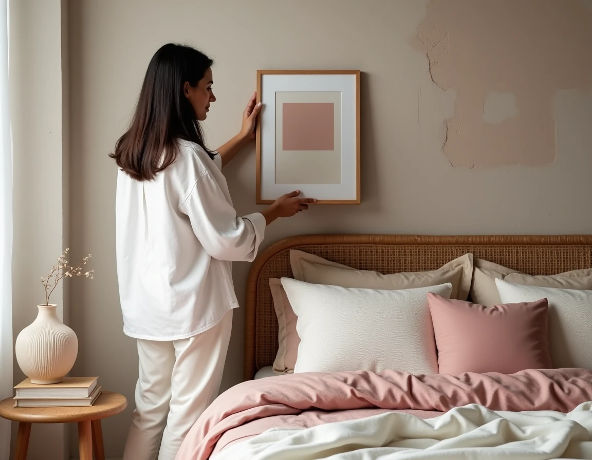 Femme aménageant une chambre tendance avec tête de lit en rotin, literie texturée et mur galerie pour une décoration intérieure stylée