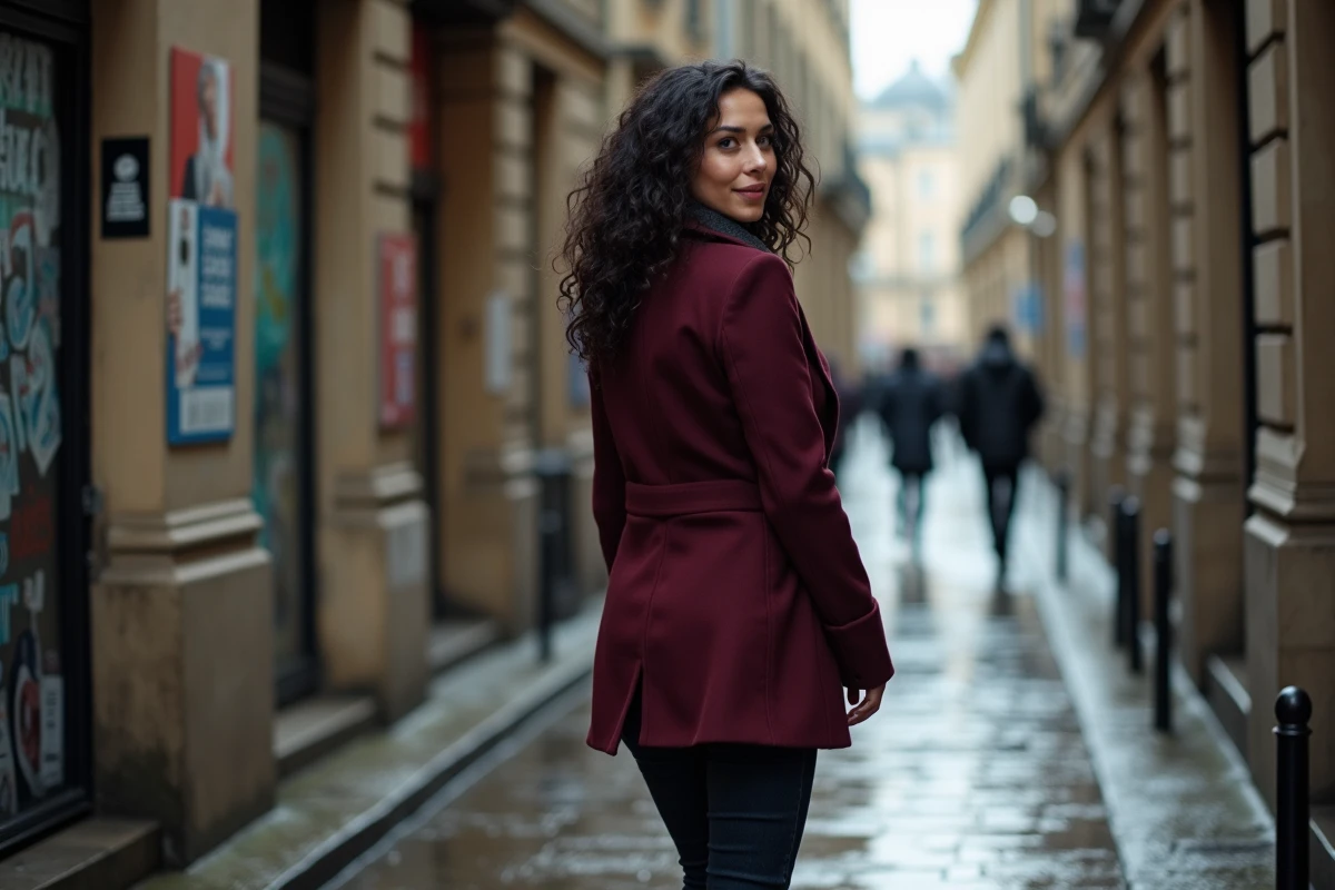 Comédienne marchant dans une ruelle urbaine sous ciel couvert, affichages de spectacles et pavés mouillés