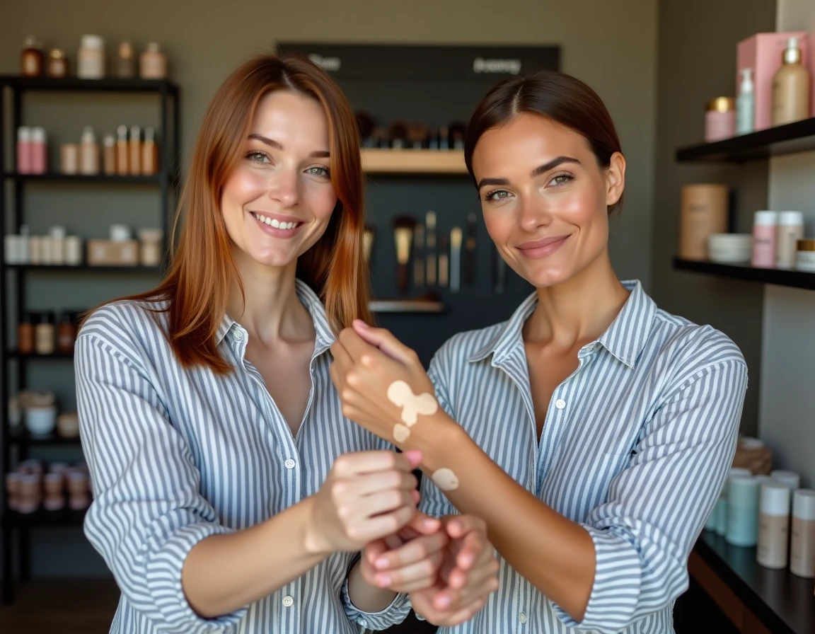 Deux femmes comparant des teintes de fond de teint sur leurs poignets dans une boutique de beauté indépendante pour bien choisir leur cosmétique