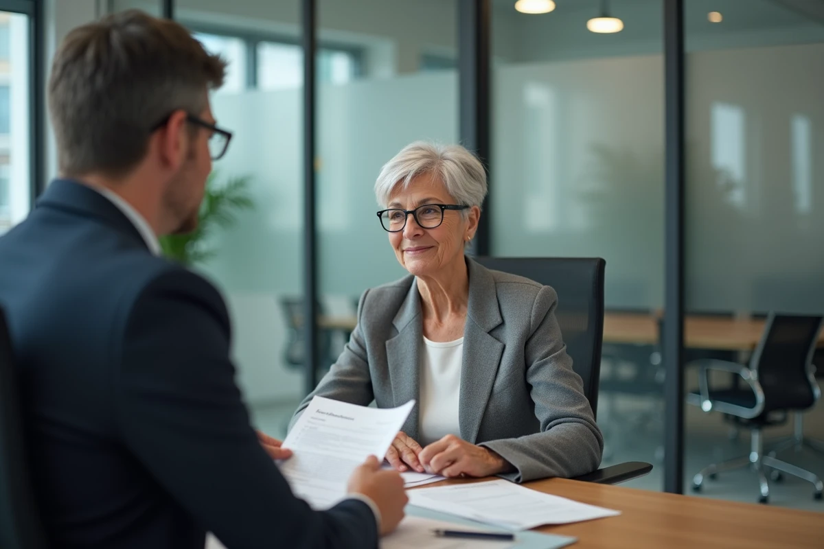Femme en rendez-vous avec un conseiller pour discuter du nouveau cadre de rachat de rente suite à un accident de travail