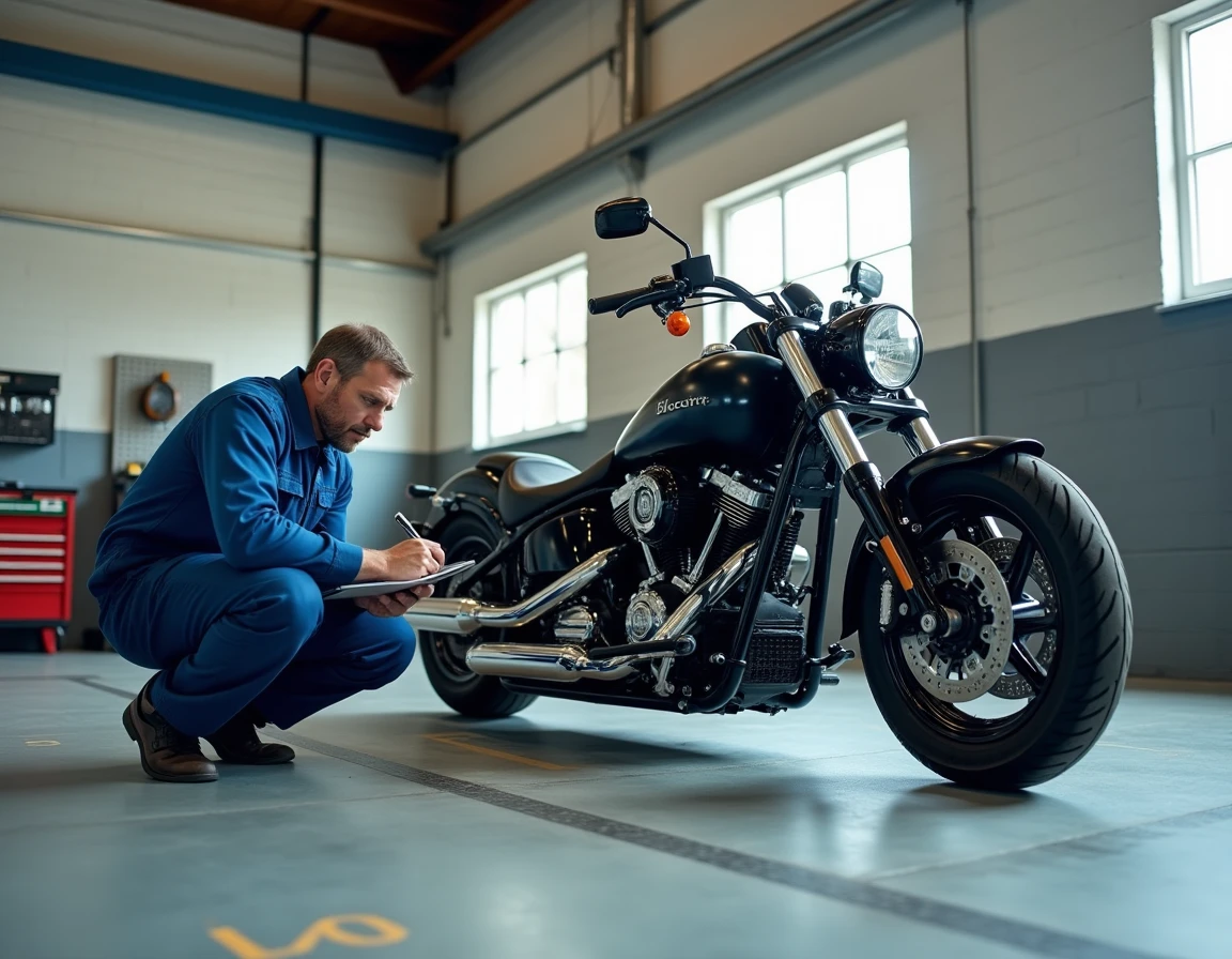 Mécanicien inspectant un trike trois roues dans un garage de contrôle technique homologué en France