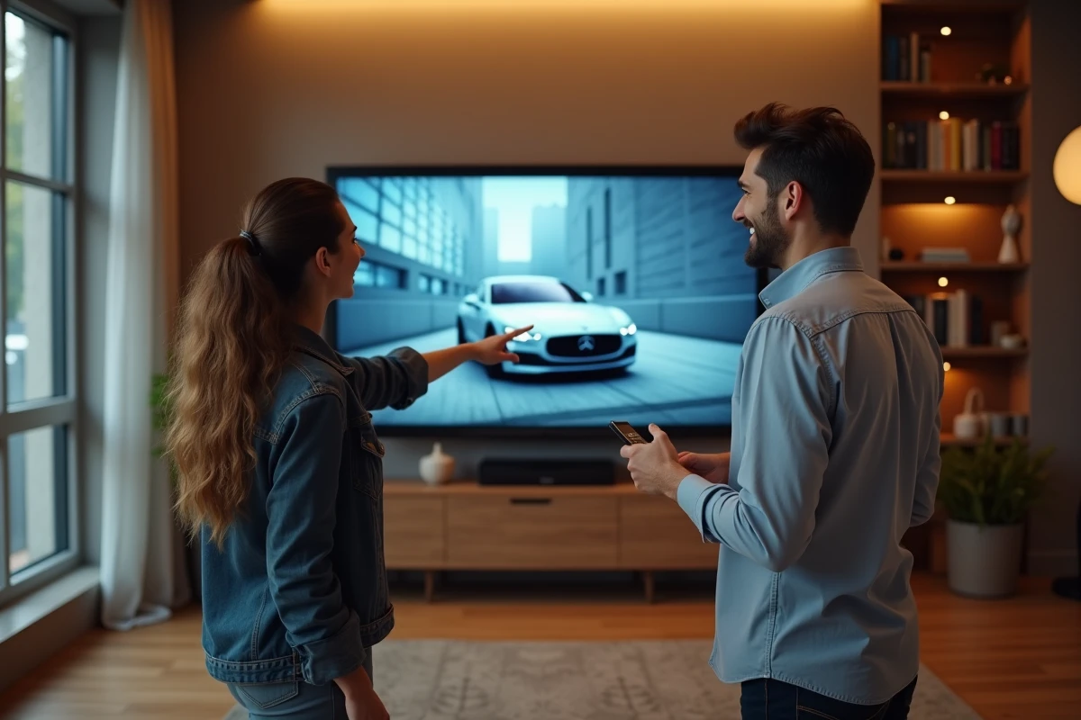 Couple cherchant à identifier la musique d'une publicité Peugeot vue à la télévision