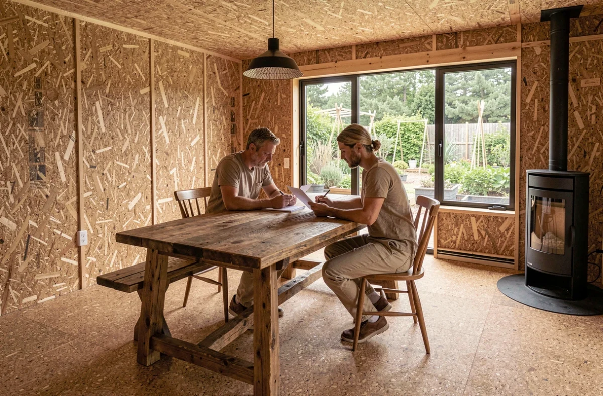Couple étudiant des documents d'investissement immobilier durable dans une maison passive en bois massif