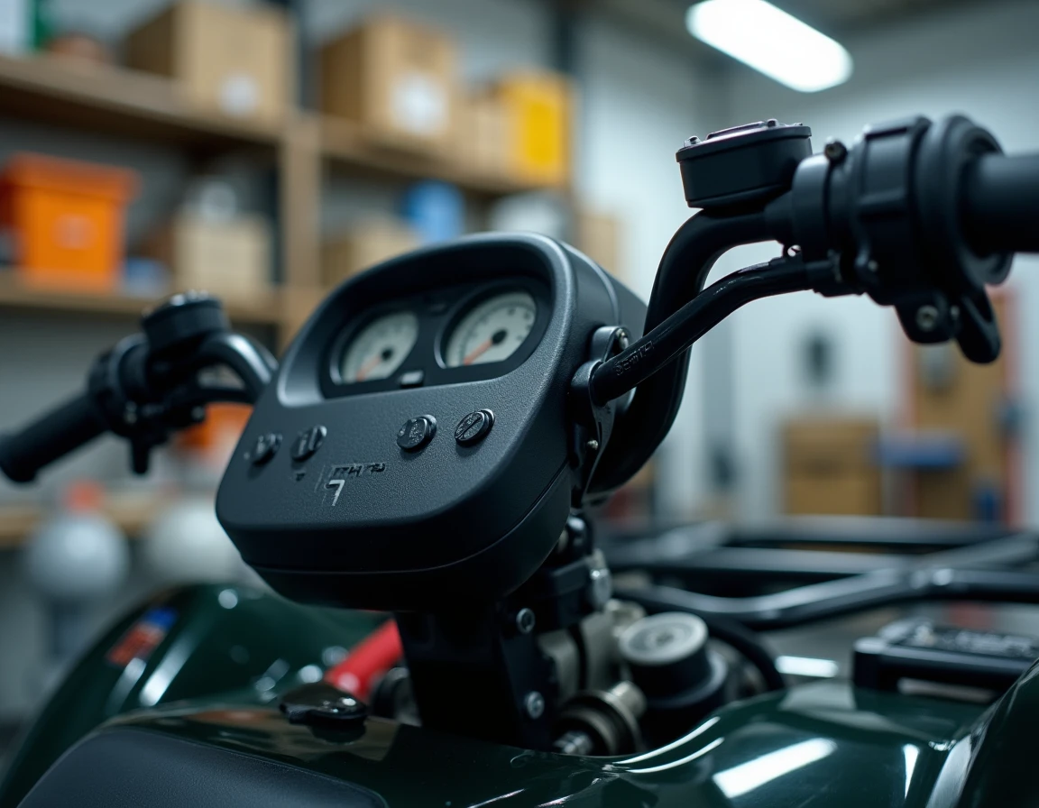 Détail du tableau de bord et du moteur d'un quad Hytrack dans un atelier mécanique propre