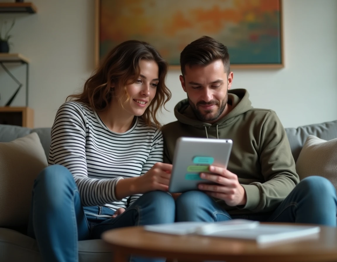 Deux personnes explorant ensemble une application de chat en ligne sur une tablette dans un salon moderne