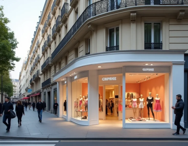 Devanture du magasin Cupshe à Paris avec vitrine de maillots de bain sur boulevard haussmannien