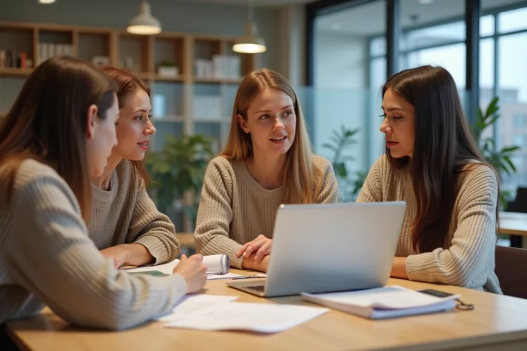 Groupe d'enseignants en discussion dans un espace moderne