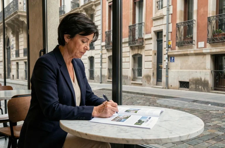 Femme consultant des documents immobiliers dans un café du quartier Presqu'île à Lyon, évaluant les prix d'achat par secteur