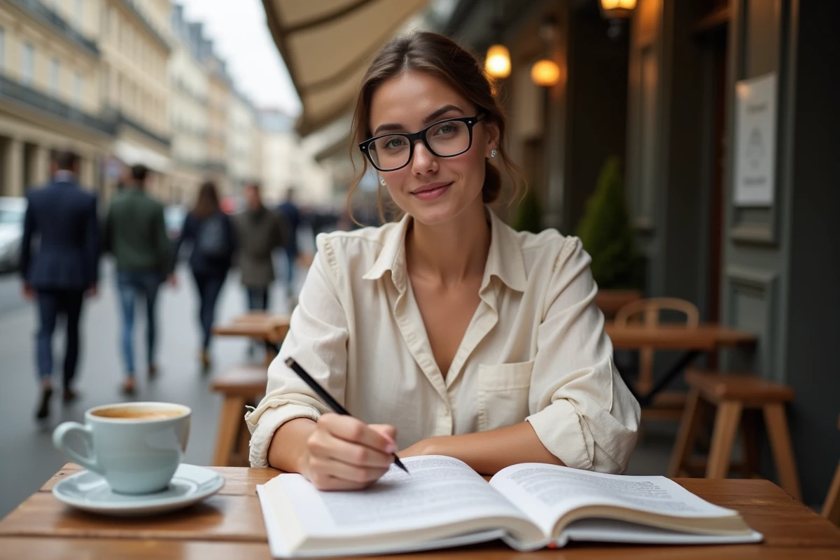 Étudiante en droit étudiant l'article 1113 du Code civil dans un café parisien avec le livre de droit civil ouvert
