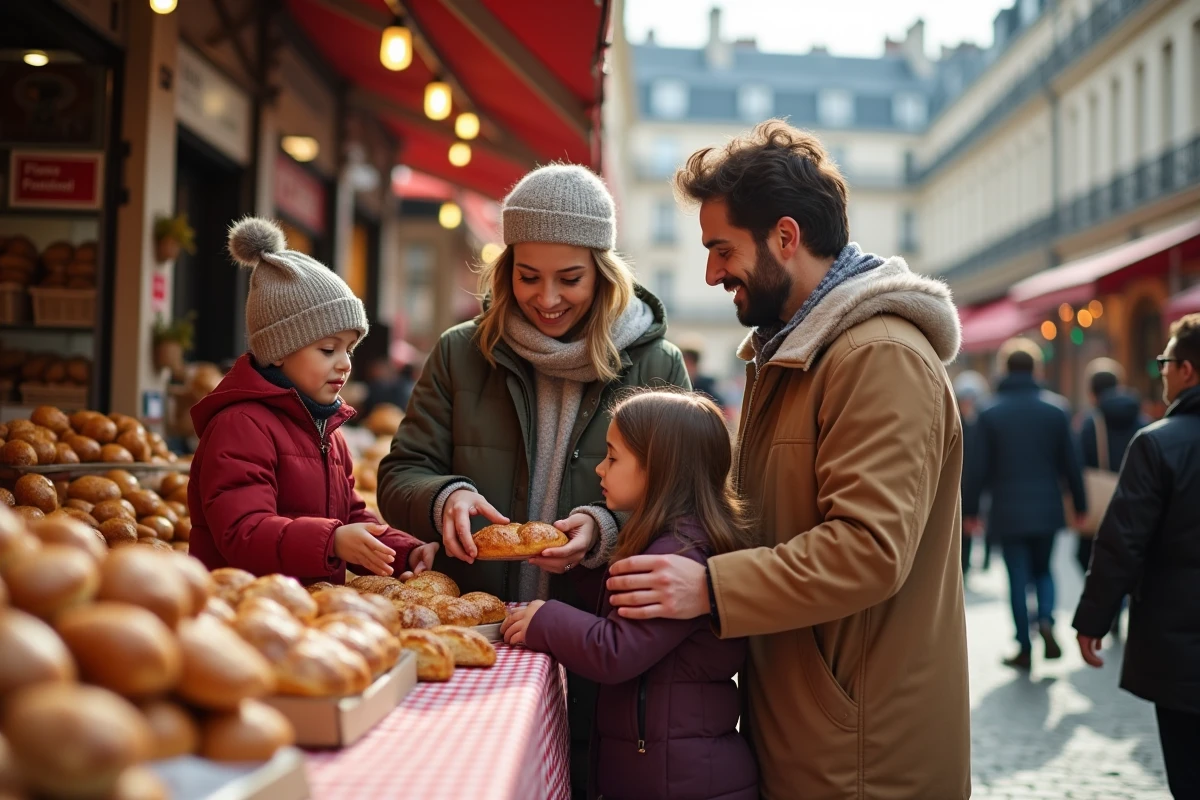 Famille d automne achetant des pâtisseries au marché parisien