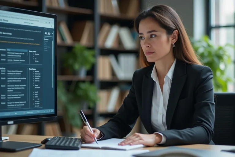 Femme d'affaires concentrée devant un ordinateur en bureau