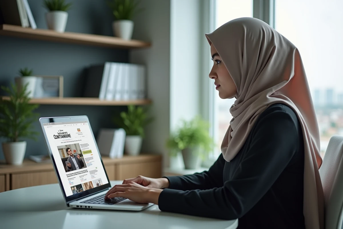Jeune femme au bureau naviguant sur un site d actualités
