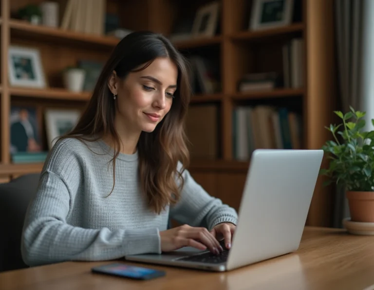 Femme utilisant un service de chat en ligne sur son ordinateur portable dans un bureau à domicile