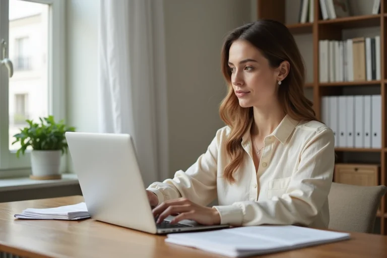 Femme consultant son espace locataire Foncia sur un ordinateur portable pour retrouver une quittance de loyer en ligne