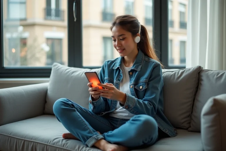 Jeune femme écoutant de la musique publicitaire Peugeot sur son smartphone via une application de streaming