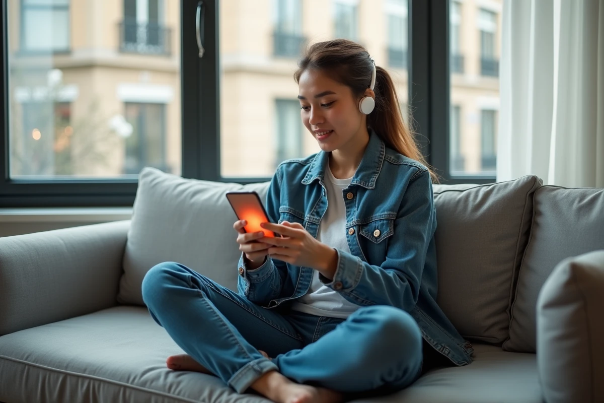 Jeune femme écoutant de la musique publicitaire Peugeot sur son smartphone via une application de streaming