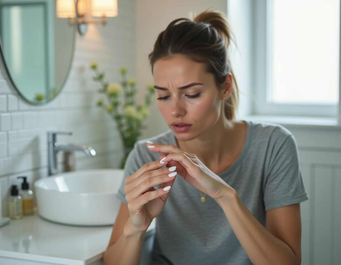 Femme examinant ses ongles en gel avec des taches blanches près de la base dans une salle de bain moderne, expression préoccupée naturelle