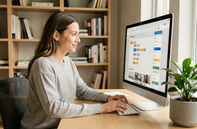 Femme naviguant sur le plan du site Cyberlabo depuis un bureau moderne avec un grand écran