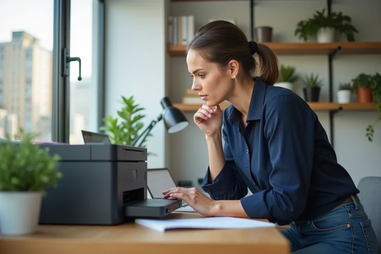 Femme dans son bureau moderne examine une imprimante laser