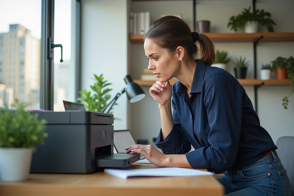 Femme dans son bureau moderne examine une imprimante laser