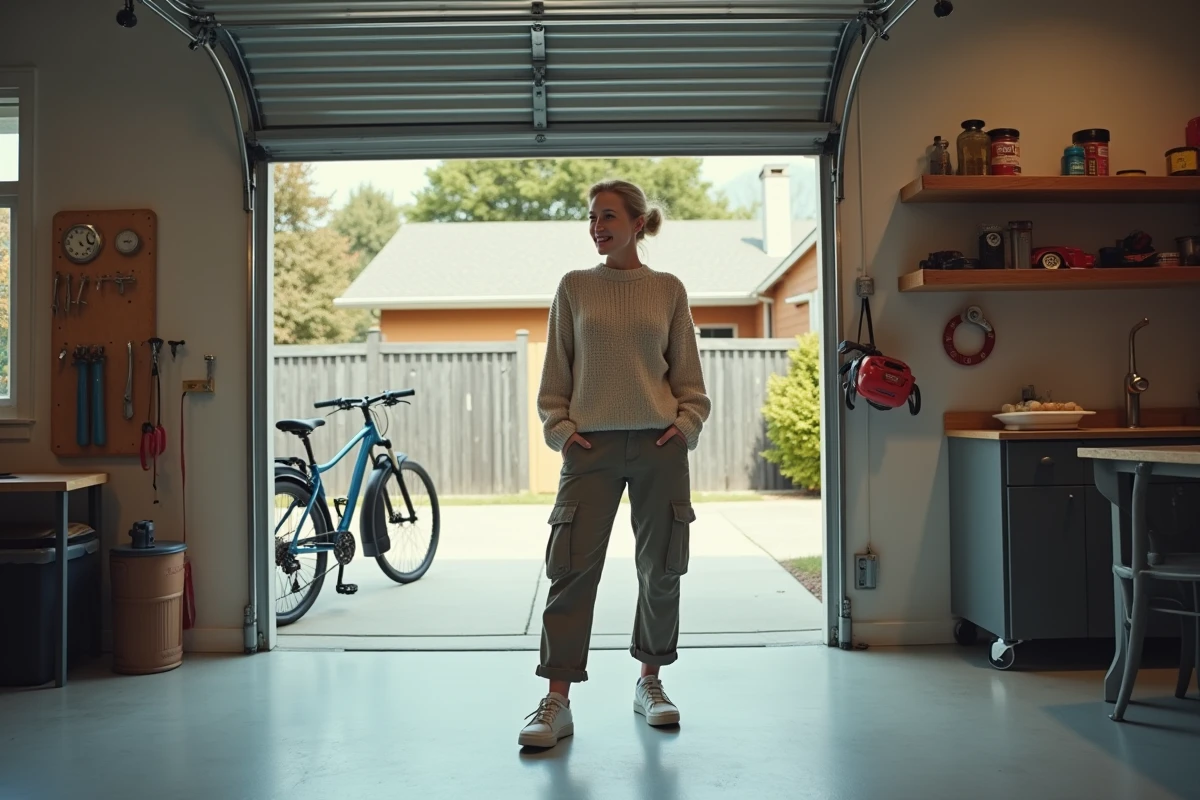 Femme ouvrant une porte de garage intérieure lumineuse