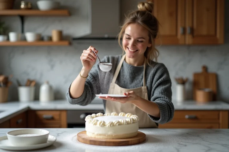 Femme saupoudrant du sucre sur un gâteau maison