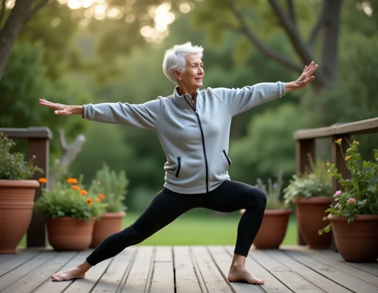 Femme de 60 ans qui s'étire dans son jardin pour prendre soin de sa santé au quotidien