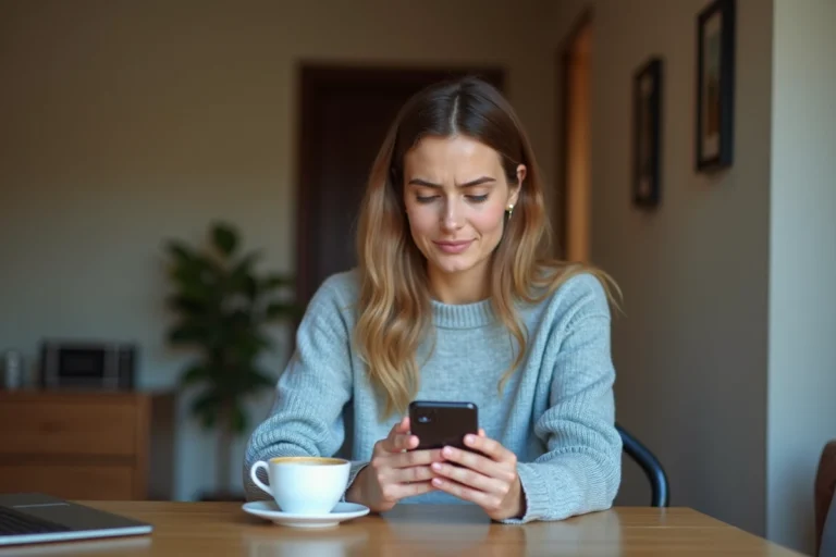 Jeune femme avec smartphone dans un intérieur cosy