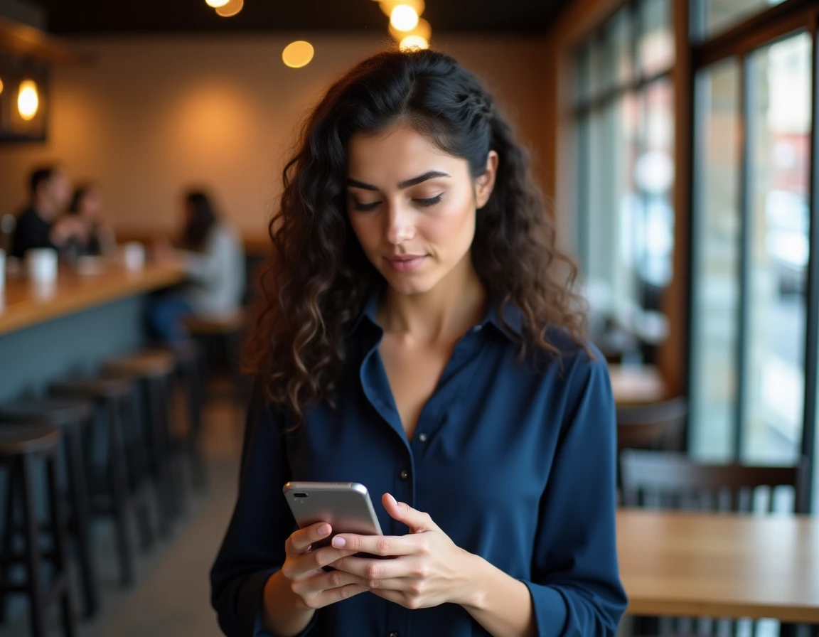Femme consultant son smartphone dans un café pour retrouver l'adresse correcte d'un site web