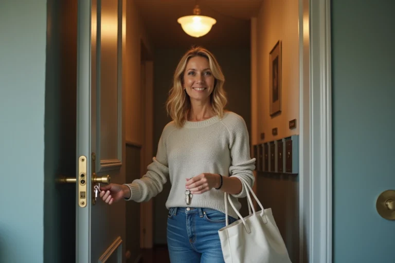 Femme souriante avec clés devant son appartement