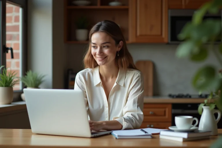 Femme assise à la cuisine avec ordinateur et notes