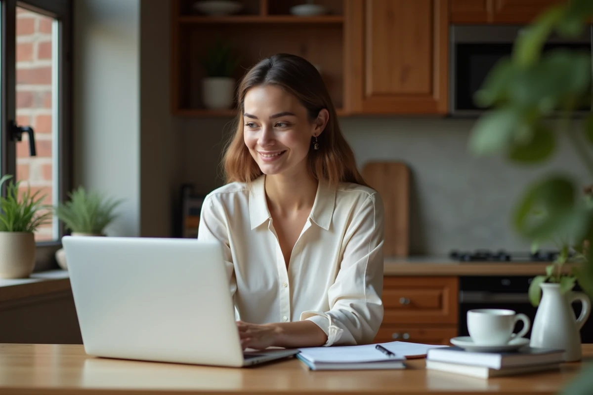 Femme assise à la cuisine avec ordinateur et notes