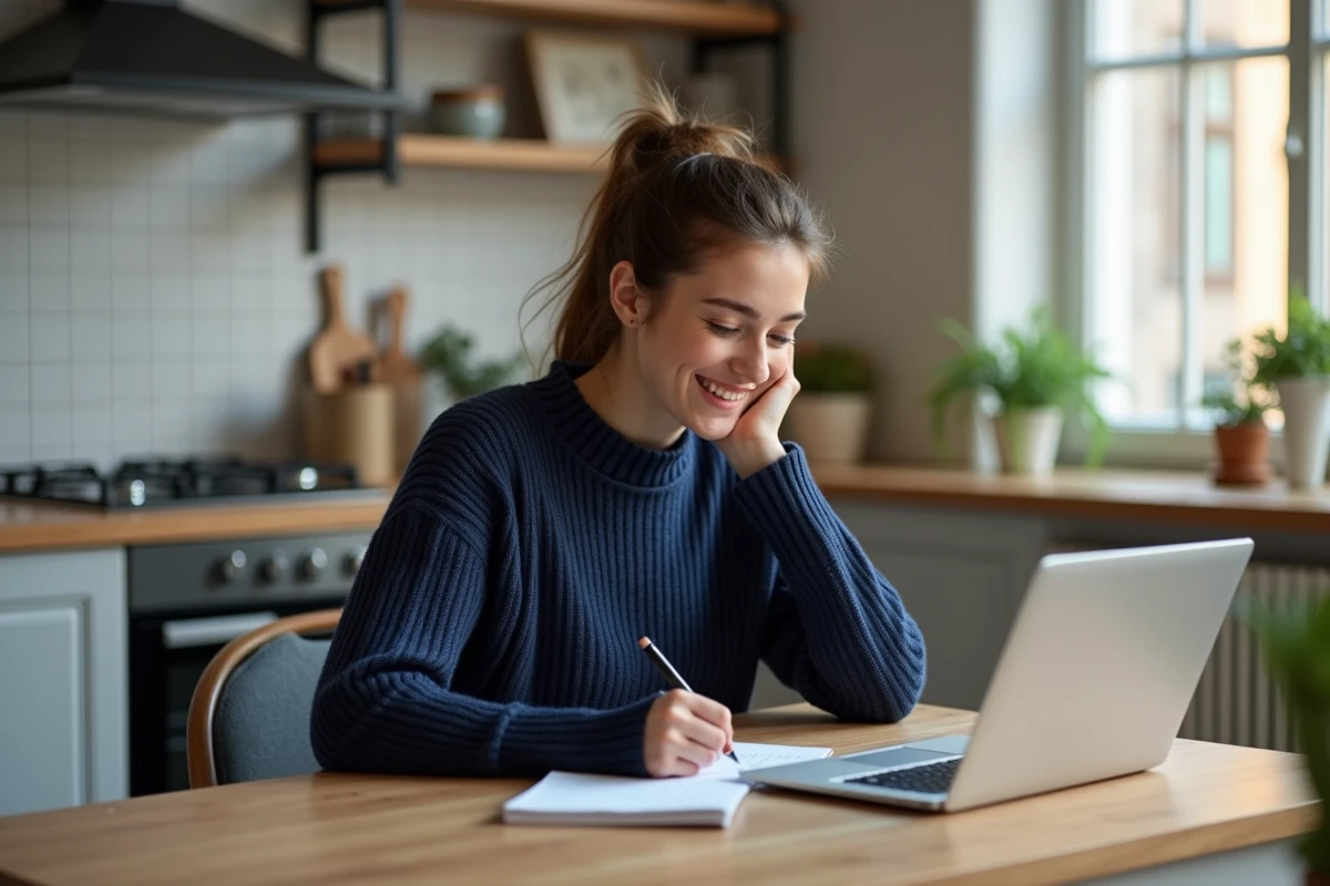 Jeune femme travaillant sur son ordinateur dans une cuisine moderne