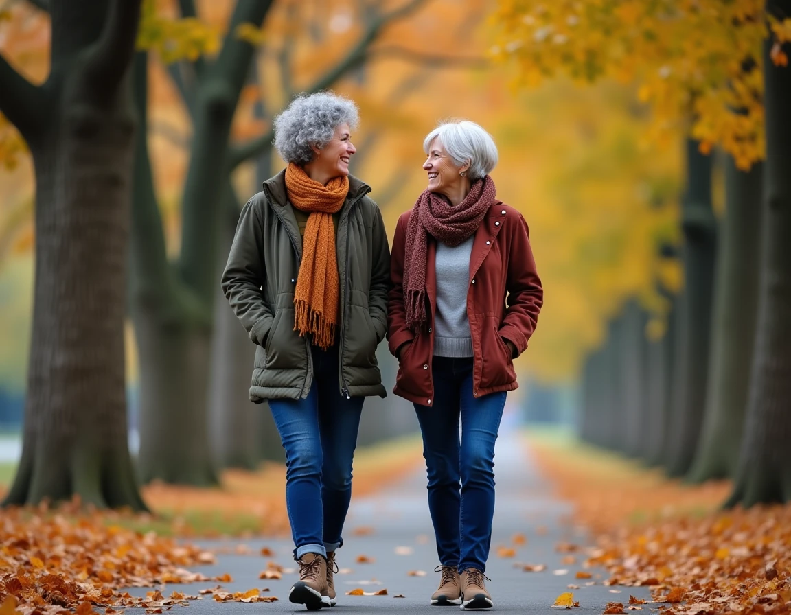 Deux femmes seniors marchant ensemble dans un parc en automne pour rester actives et en bonne santé