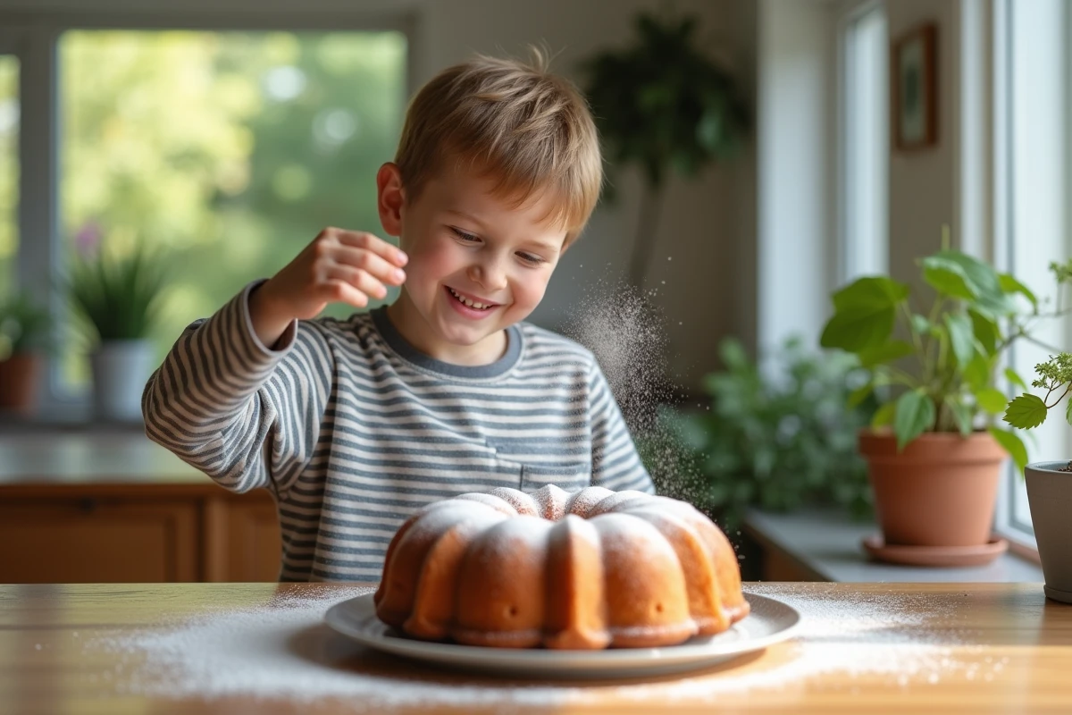 Jeune garçon saupoudrant du sucre sur un gâteau