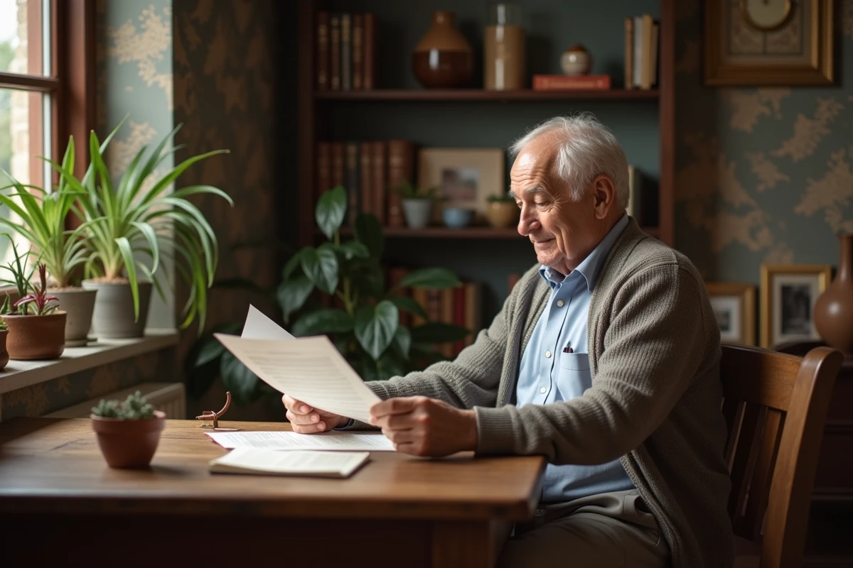 Homme âgé lisant un document dans un intérieur chaleureux
