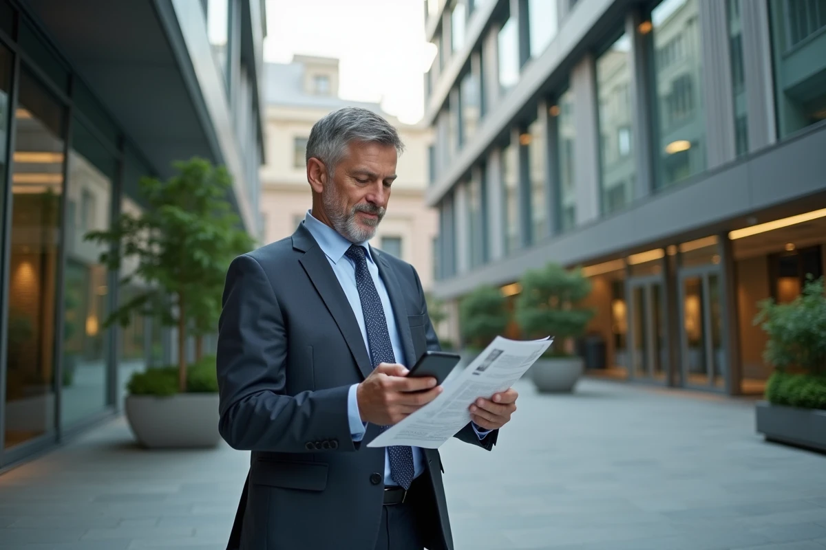 Homme en ville regardant brochure et smartphone