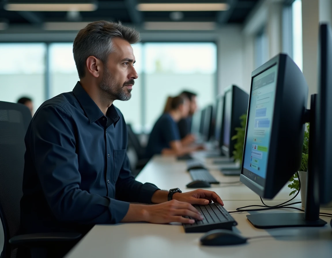Homme utilisant une plateforme de messagerie en ligne dans un environnement de bureau professionnel moderne