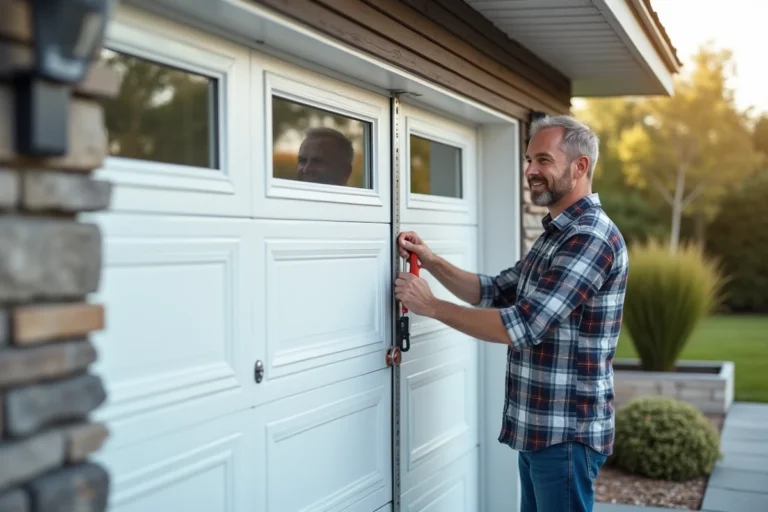 Homme en workwear mesurant une porte de garage moderne