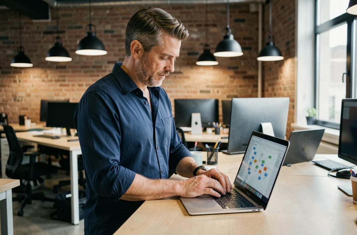 Homme consultant un plan de site sur ordinateur portable dans un espace de coworking