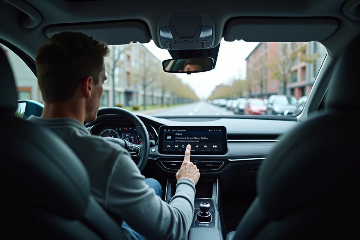 Homme recherchant la musique d'une publicité Peugeot sur l'écran tactile d'une voiture moderne