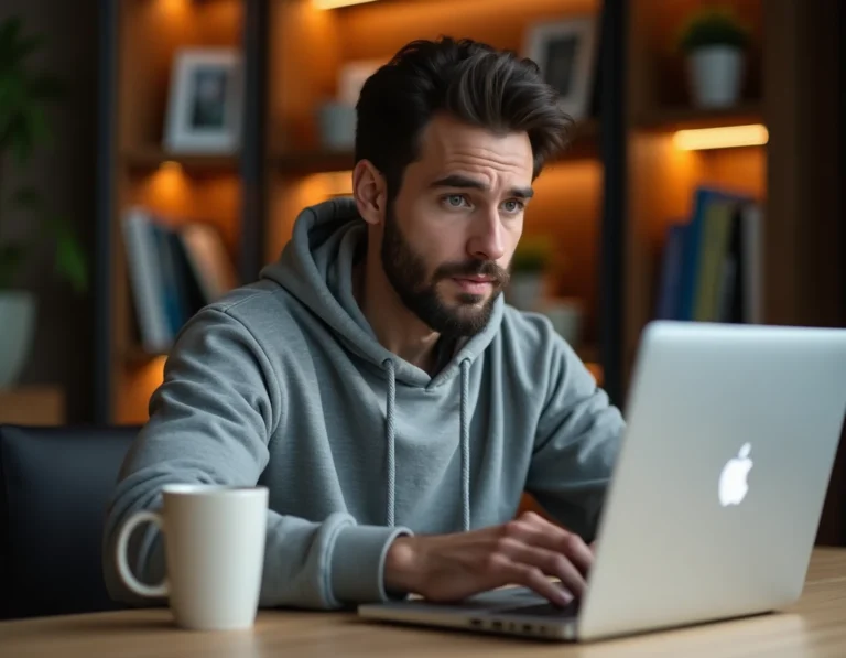 Homme cherchant un nouveau lien sur son ordinateur portable après un changement d'adresse de site web